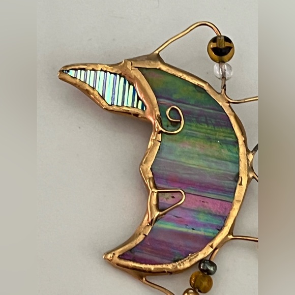 Very cool pink/green/blue/gold color pin.  Beads hanging from moon shaped pin. - Picture 2 of 7